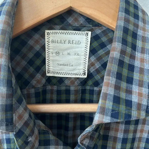 Billy Reid sz M men’s button down plaid shirt navy grey orange green great cond - Picture 2 of 5